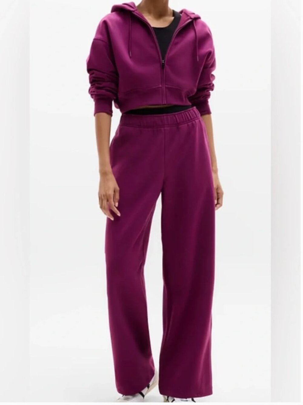 Athleta 2 Piece Cropped Zip Hoodie Wide Leg Sweatpants Set Purple XS/M